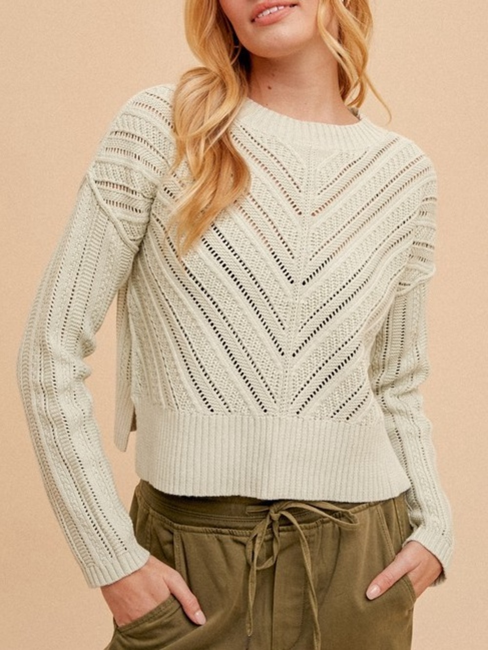 ROUNDNECK POINTELLE KNIT SWEATER|SAGE